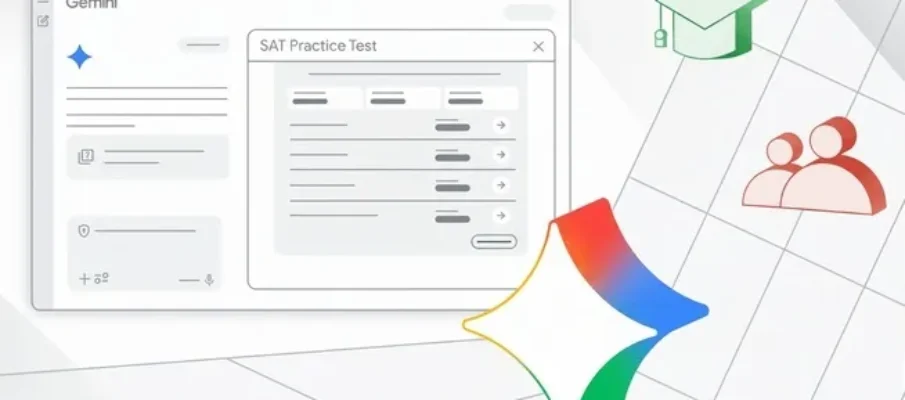 A student using Google Gemini on a laptop to access free Khan Academy SAT practice tests and AI writing feedback.