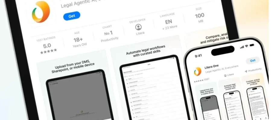 Lawyer using Litera One app on iPhone to review documents and use Lito AI assistant for hands-free legal tasks in transit.