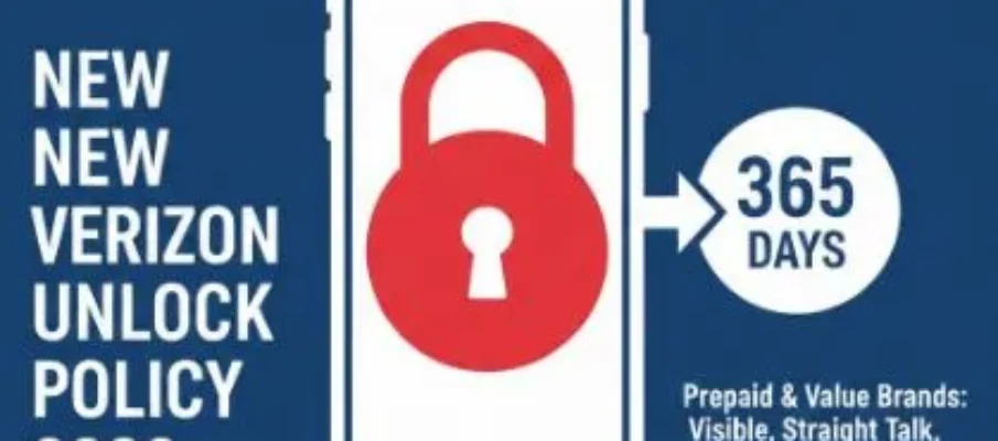 Infographic showing a smartphone with a padlock icon and text highlighting the new 365-day Verizon unlock period
