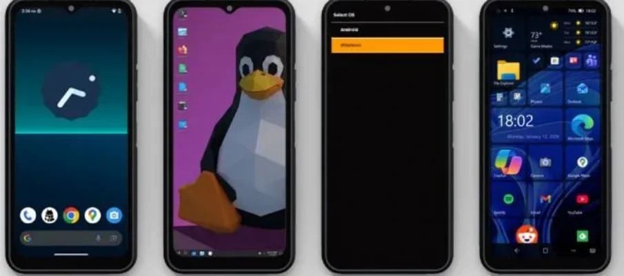 NexPhone smartphone connected to a monitor via USB-C, showcasing Android, Linux, and Windows desktop modes in one versatile device.
