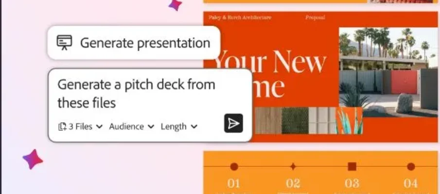 Adobe Acrobat interface showing an AI chatbot editing a PDF, generating a summary, and creating a slide deck from a prompt.