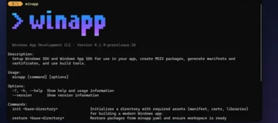 Infographic highlighting Microsoft WinApp CLI features: automated SDK management, cross-platform support, and simplified MSIX packaging.