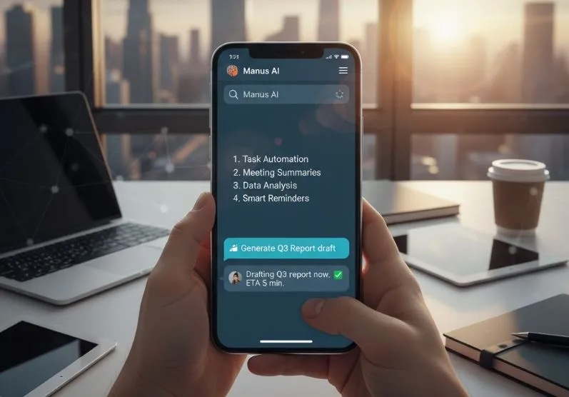 Manus AI Telegram integration interface showing multi-step task execution, voice note input, and AI agent chat on a mobile screen.
