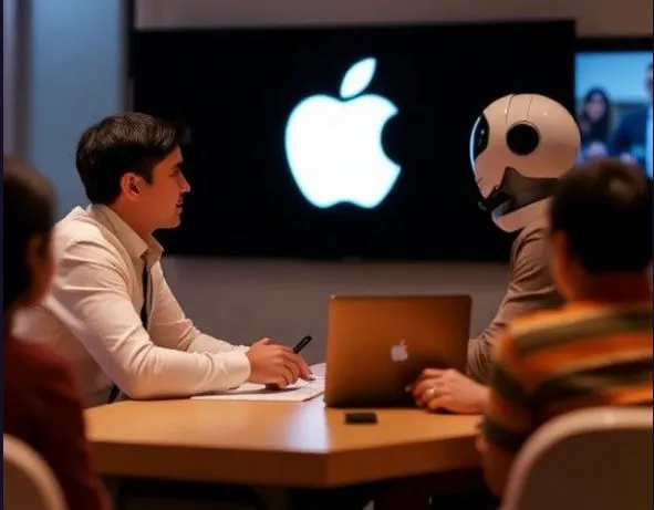 Apple Sales Coach app interface showing training features, AI chatbot integration, and employee resources launch info