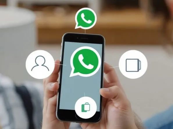 Parent setting up a WhatsApp parent-managed account on a child's smartphone using QR code linking and parental PIN controls.