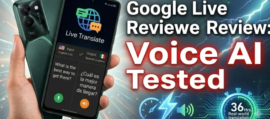 Gemini 3.5 Live Translate interface showing real-time speech-to-speech translation between two languages with latency indicator.