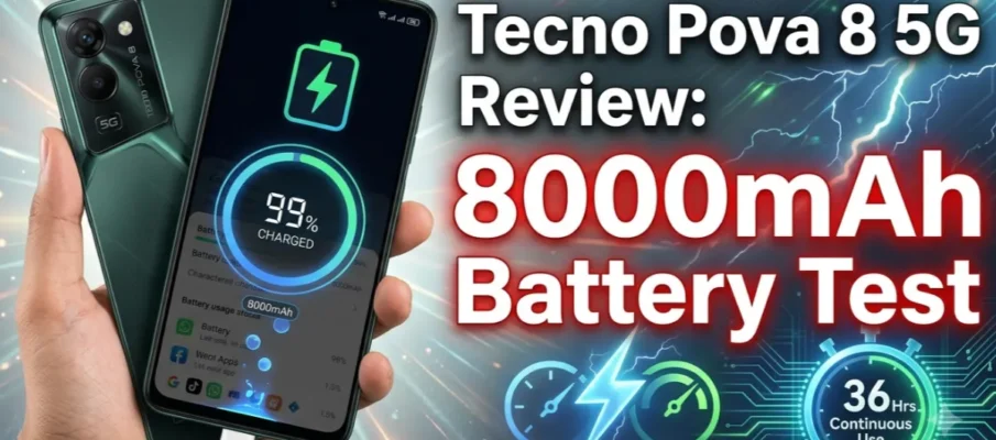 Tecno Pova 8 5G smartphone showing Alive Matrix rear display and 50MP Sony camera, launched in India at Rs.16,999